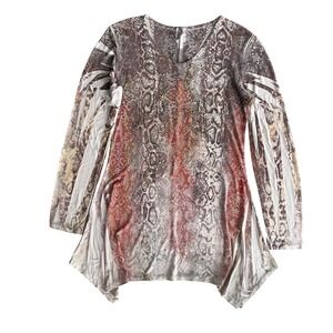 Daniela Women's L Brown Snakeskin Rhinestone Embellished Long Sleeve Tunic Dress